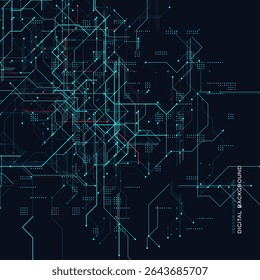 Fondo de Tablero de circuito digital. Red De Alta Tecnología Con Líneas De Microchip, Rutas De Red Y Puntos Brillantes. Perfecto Para AI, Datos, Cibernética, Temas De Innovación. Ilustración vectorial.