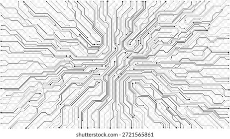 Digital circuit board background showcasing white electronic patterns. Vector tech design with semiconductor lines, motherboard elements, and modern circuitry composition. Digital vector illustration