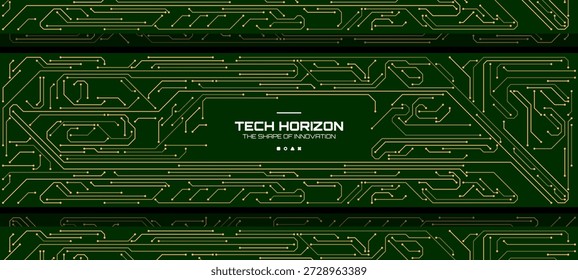 Digital circuit board background with text Tech Horizon The Shape of Innovation. Modern electronic computer hardware for data processing concept.