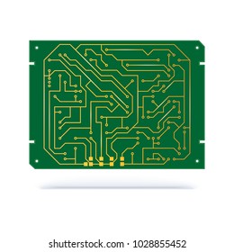 Digital circuit Board isolated on white. Copper contacts on green textolite Board for technology background. Electronic computer hardware technology.