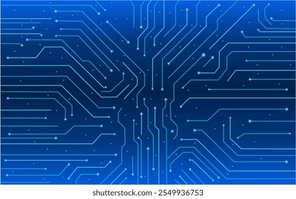 Placa de circuito digital sobre fondo de tecnología azul. Líneas y puntos conectados por circuitos en una placa base abstracta. Fondo tecnológico con gradiente azul electrónico. 