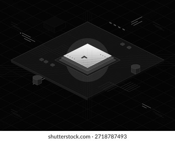 Una placa de circuito digital muestra una unidad de procesamiento central en el centro. Líneas y Formas lo rodean, simbolizando la transferencia de datos y la conectividad en la tecnología. Este diseño destaca la computación moderna.