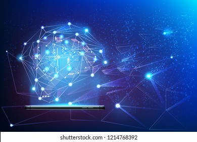 Digital circuit brain with neural network around coming from smartphone. Big data artificial intelligence concept. Machine learning advanced analytics poster Modern technology, vector ai background