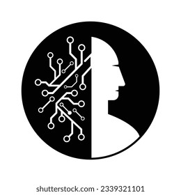Digital circuit connect with robotic profile face. Ai technology glyph icon. Vector illustration outline flat design style.