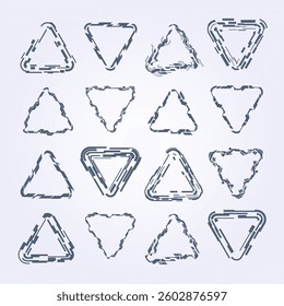 Digital Circuit Cyber Triangles Set of 16 triangular shapes featuring glitch effects, each meticulously designed with unique digital distortions, evoking a futuristic and high-tech vibe