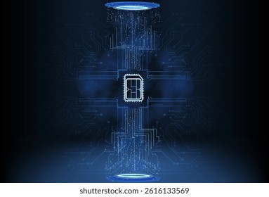 Digital circuit design showcasing a microchip in a futuristic environment with glowing elements
