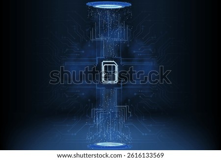 Digital circuit design showcasing a microchip in a futuristic environment with glowing elements