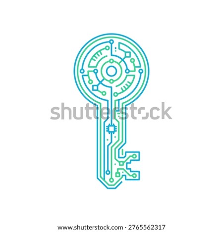 digital circuit key icon with electronic circuit board pattern representing cybersecurity encryption password authentication digital access control and modern technology security concept in blue and green gradient
