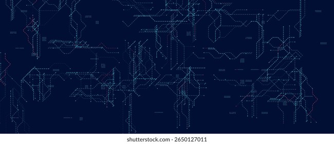 Malla De Circuito Digital Con Líneas Punteadas De Neón. Diseño futurista de tecnología oscura con conexiones azules y rojas para sistemas cibernéticos, innovación y diseño de interfaz de usuario. Estructura abstracta limpia. Ilustración vectorial.