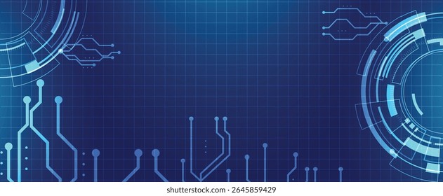 Digital circuit tech background with flowing lines and arrows on a blue futuristic grid.