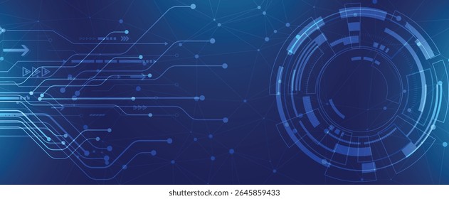 Digital circuit tech background with flowing lines and arrows on a blue futuristic grid.