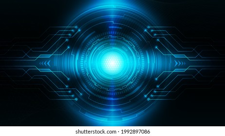 Futuro de la tecnología de circuito digital, Sistema futurista de conexión de datos, computadora de fondo azul oscuro