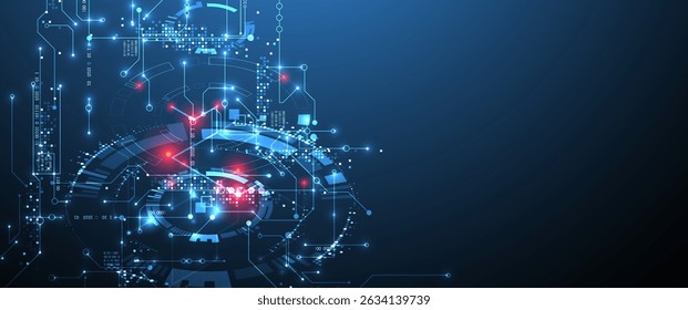 Plano de fundo do vetor de visualização de circuito digital.  Padrão de quadro azul com linhas interconectadas, nós e código binário.