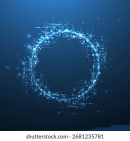 Digital circuit visualization vector background.  Neon glowing board pattern with interconnected lines, nodes, and binary code.