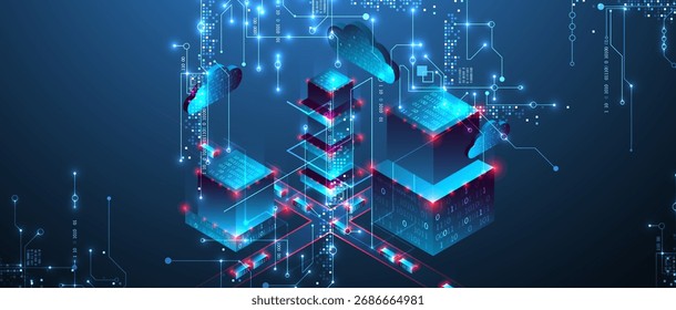 Plano de fundo do vetor de visualização de circuito digital.  Padrão de quadro azul com linhas interconectadas, nós e código binário.