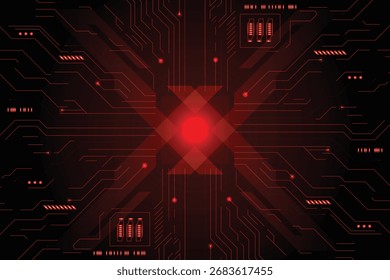 Digital Circuitry in Red: An intricate network of digital circuits glows with an intense red luminescence, symbolizing innovation, data processing.