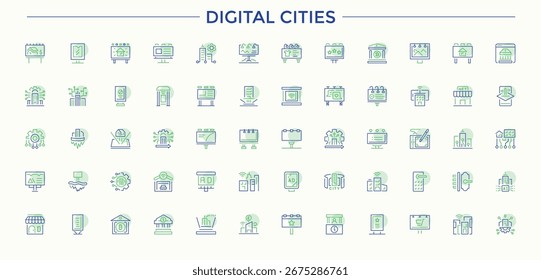 Digital Cities colorful linear icon set. Includes thin line symbols urban, city, home and more. Icons for UI design. Building modern icon set. Vector illustration. Pixel perfect.
