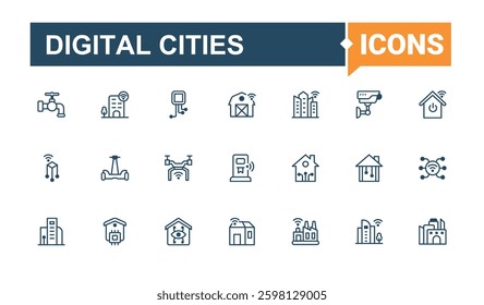 Digital Cities icon collection. Pack of building, urban, environment, transport, smart, internet, future. Smart Cities icon set. Flat icon. Vector illustration in modern line style.