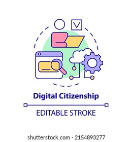 Digital Citizenship Concept Icon. Access To Online Learning Resources. Education Trend Abstract Idea Thin Line Illustration. Isolated Outline Drawing. Editable Stroke. Arial, Myriad Pro-Bold Fonts Use