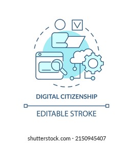 Digital Citizenship Turquoise Concept Icon. Online Learning Resources. Education Trend Abstract Idea Thin Line Illustration. Isolated Outline Drawing. Editable Stroke. Arial, Myriad Pro-Bold Fonts Use