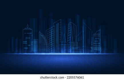 Tecnología abstracta de ciudad digital con azul oscuro.Ilustrador futurista de construcción.