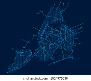 Digital city. Electronic circuit. New York. Blue. Vector drawing