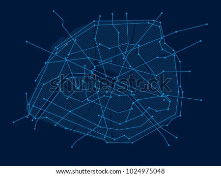 Digital city. Electronic circuit. Paris.Blue. Vector drawing