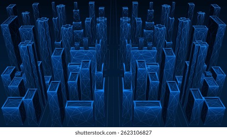 Cidade digital, arranha-céus. Design poligonal de elementos interconectados. Fundo azul.