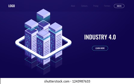 Digital city, isometric urban town, skyscrapers, cloud computing, cloud data storage, server room rack, database concept datacenter dark neon vector