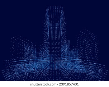 Digital City Scape Particles with Fisheye Lens Effect. Holographic HUD City Design Element. Virtual Reality VR Abstract Data Vector Illustration.