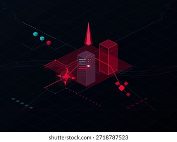 Un paisaje urbano digital muestra torres de servidores y Formas geométricas sobre un fondo oscuro. El gráfico ilustra la tecnología y el tema de la innovación en un entorno moderno.