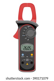 Digital clamp meter. Electrical tongs measuring current and voltage electrics and electronics. Electrician power tools. Isolated on white background.