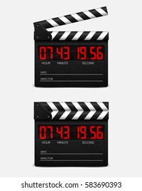 Digital clapper board on white background. Film movie clapper board with digital numbers. Vector illustration.