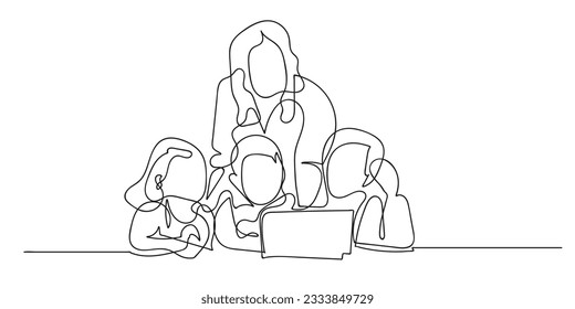 línea continua de clase digital.educación digital a los alumnos de escuela.docente que da orientación en línea.vector de línea única.fondo blanco aislado
