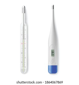 Digital and classic glass mercury thermometer. Medical equipment for measuring body temperature. Vector realistic illustration isolated on a white background.