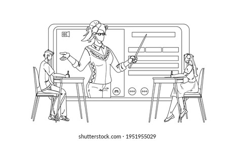 Digital Classroom Educational Web Lecture Black Line Pencil Drawing Vector. Boy And Girl Sitting At Desk And Listening Teacher Internet Online Classroom On Tablet Screen. Characters Lesson 