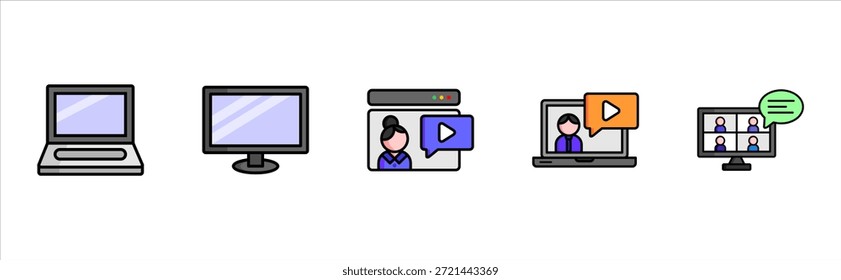Digital classroom flat icons set virtual study equipment