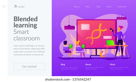 Digital classroom, flipped class and virtual learning, blended learning and smart classroom concept. Website homepage interface UI template. Landing web page with infographic concept hero header image