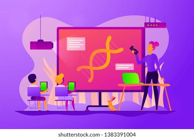 Digital classroom, flipped class and virtual learning, blended learning and smart classroom concept. Vector isolated concept illustration with tiny people and floral elements. Hero image for website.