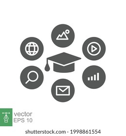 Digital classroom glyph icon. Educational resources for online learning course, distance education, Graduation cap, e-learning web solid pictogram. Vector illustration design on white background EPS10