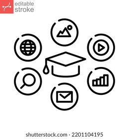 Digital classroom line icon. Educational resources for online learning course, distance education, Graduation cap, e-learning web. Editable stroke Vector illustration design on white background EPS10