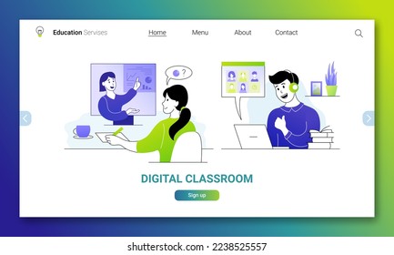 Digital classroom, online education, homeschooling landing page template. Internet distant training web banner with students learning at online class cartoon thin line vector illustration