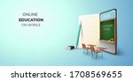 Digital Classroom Online Education internet and blank space on phone, mobile website background. social distance concept. decor by book pencil eraser Student desk table chair. 3D vector Illustration.