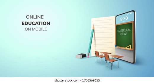 Digital Classroom Online Education internet and blank space on phone, mobile website background. social distance concept. decor by book pencil eraser Student desk table chair. 3D vector Illustration.