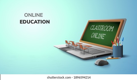 Digital Classroom Online Education internet and blank space on laptop, mobile website background. social distance concept. decor by book pencil eraser Student desk table chair. 3D vector Illustration.