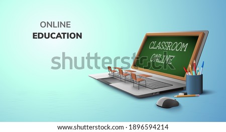 Digital Classroom Online Education internet and blank space on laptop, mobile website background. social distance concept. decor by book pencil eraser Student desk table chair. 3D vector Illustration.