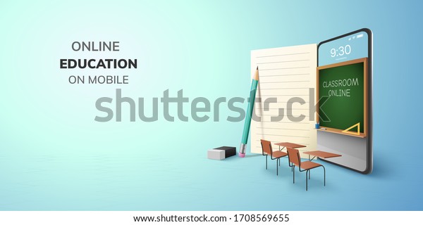 Digital Classroom Online Education internet\
and blank space on phone, mobile website background. social\
distance concept. decor by book pencil eraser Student desk table\
chair. 3D vector\
Illustration.