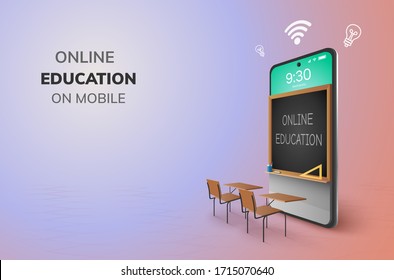 Digital Classroom Online Education kindergarten backto school concept. learning on phone, mobile website background. decor by blackboard kid, children Student desk table chair. 3D vector Illustration.