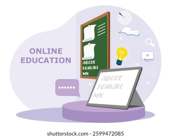 Digital classroom online education kindergarten. Students learn the alphabet on the blackboard. Flat vector illustration. 