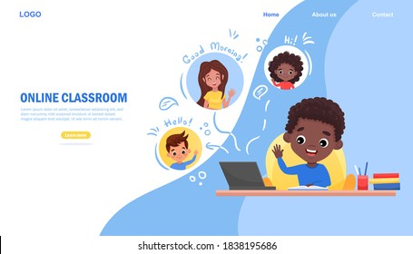 Digital Classroom Online Education website template, background. Afro-american black kid sits at table and looks at teacher and classmates on screen. Vector flat cartoon illustration